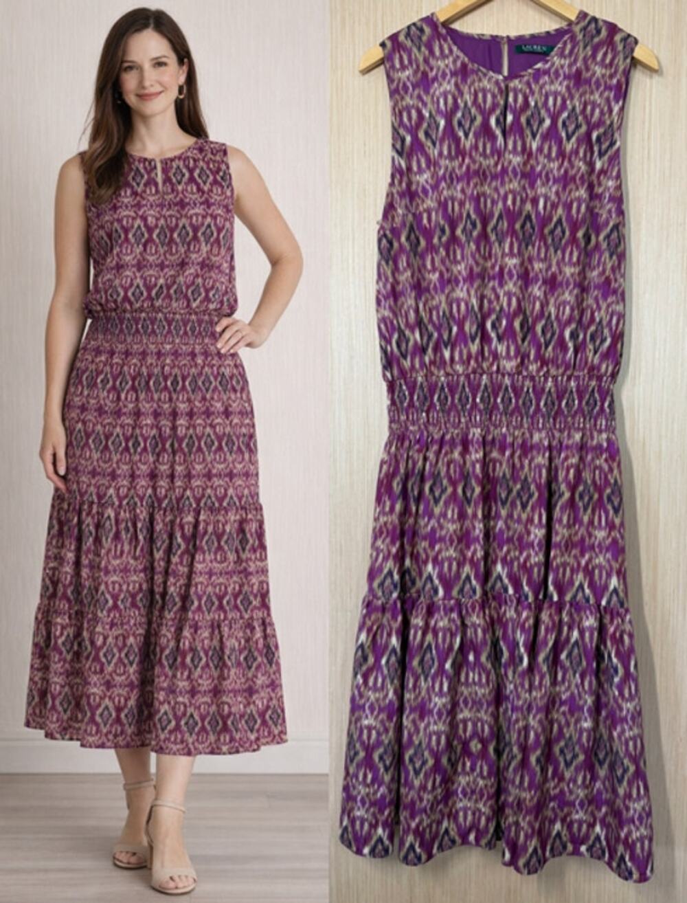 Lauren Ralph Lauren Ikat Blouson Smocked Tiered Midi Dress Size XL Sleeveless